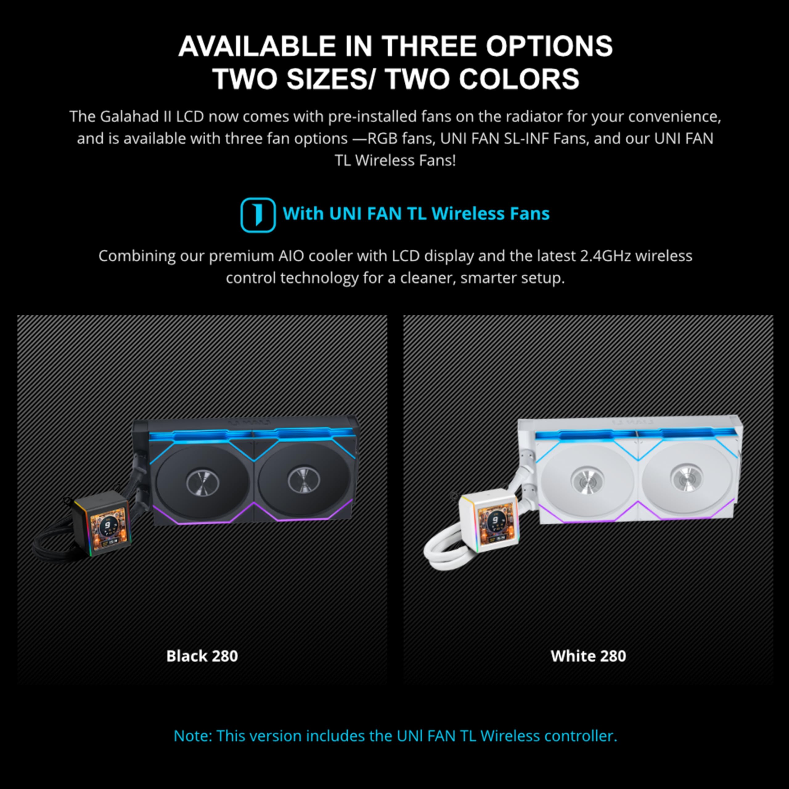 Lian Li Galahad II LCD 280mm AIO Asetek 8th Gen Liquid Cooler - 2 X 140mm RGB Fans - 2.4 GHz Wireless Control - 2.88” IPS LCD Screen - Pre-Installed Daisy-Chained TL Fans - Black (GA2ALCD28TLB) - Image 3