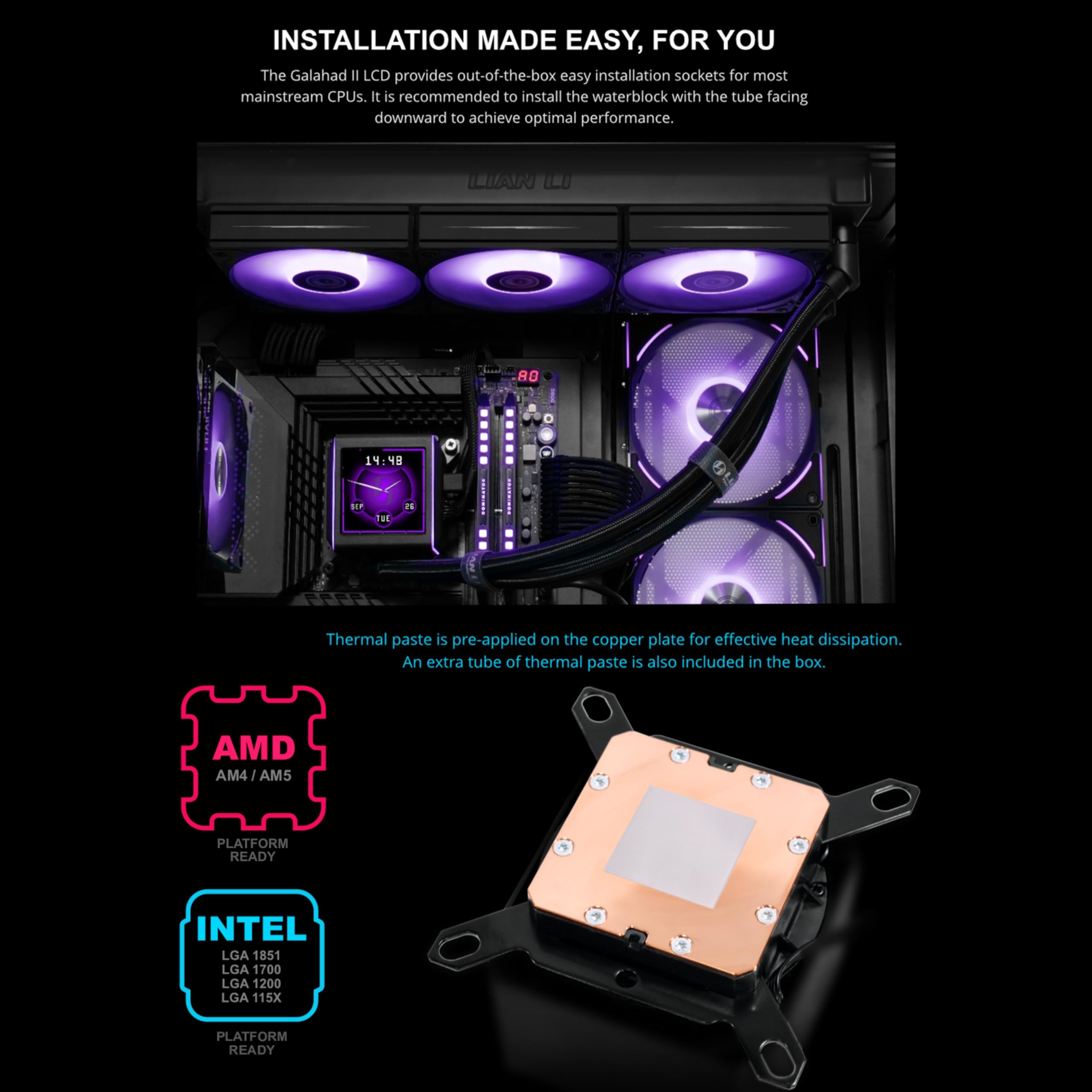 Lian-Li Galahad II LCD CPU 360mm AIO | All-in-One Liquid Cooling System | Pre-Installed 3 x 120mm Daisy-chainable ARGB Fans - Compatible with Intel LGA 1700, 1200, 115X & AMD AM5/AM4 - Black - Image 6