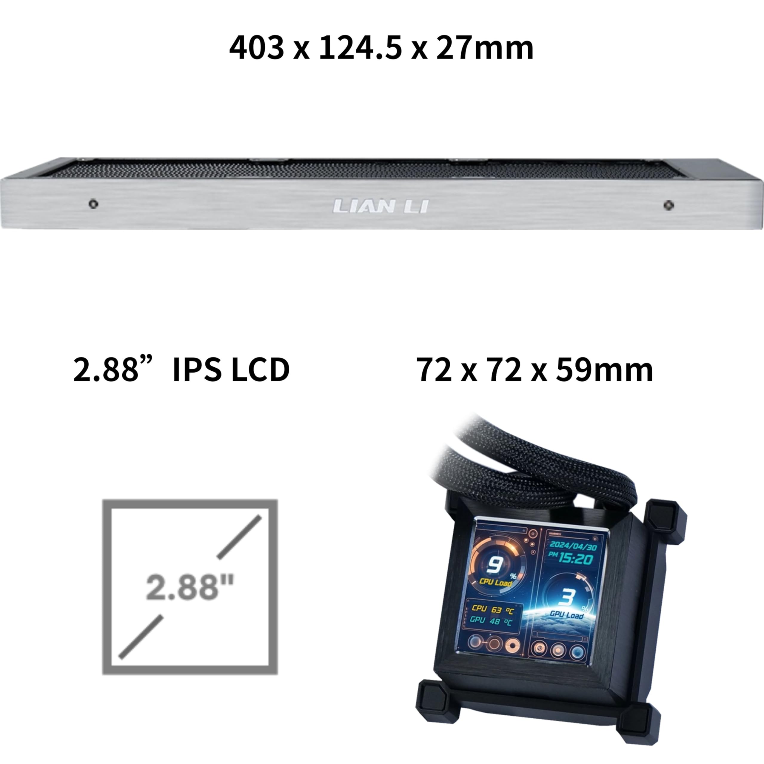 Lian Li Hydroshift LCD 360 Liquid Cooler - Flexible Side-Mounted Coolant Pathway, 2.88” LCD Screen - 480 x 480 Res. - Captured Screenshots or Recorded Videos - Fits Most PC Fans - Black (HSLCD36NB) - Image 3