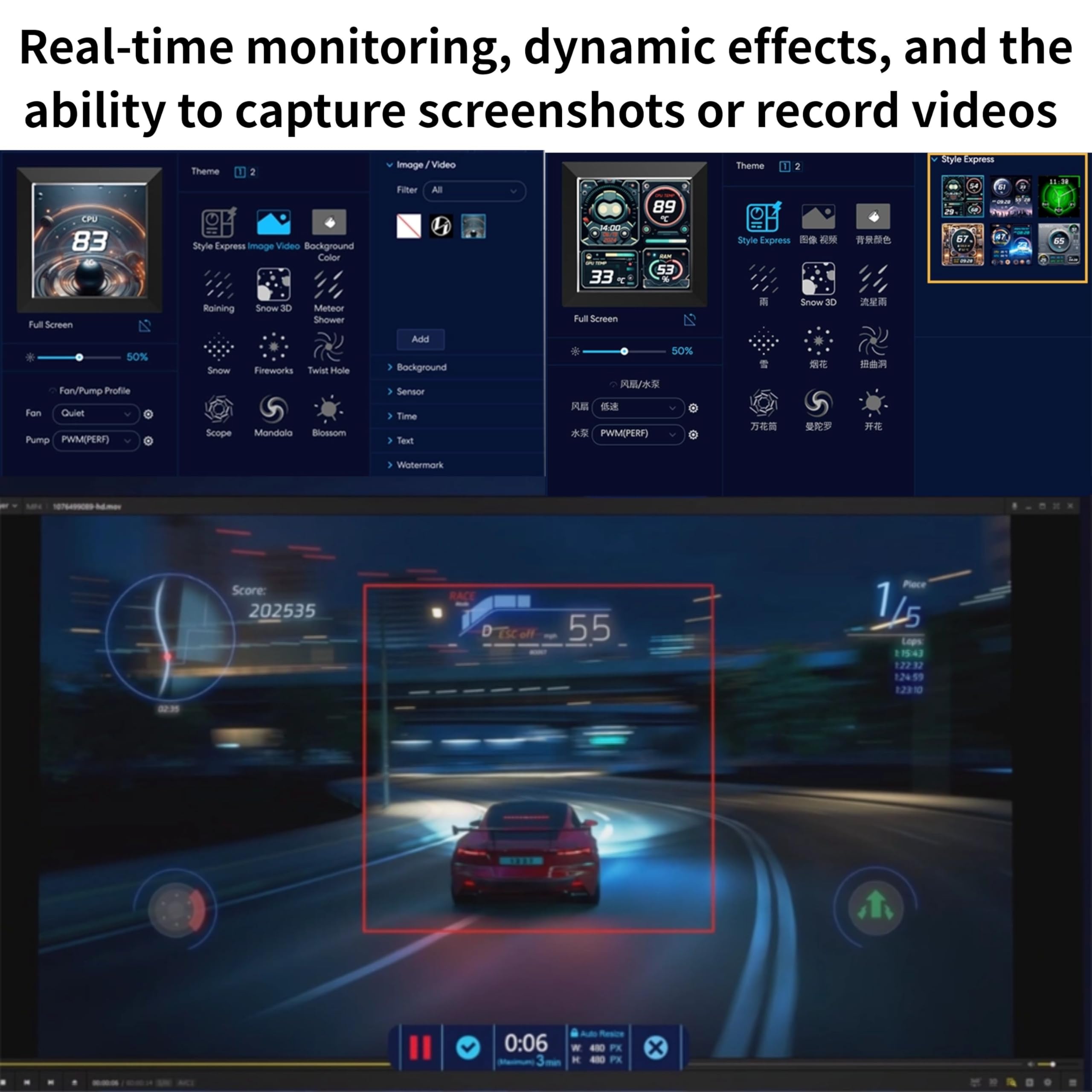 Lian Li Hydroshift LCD 360 Liquid Cooler - Flexible Side-Mounted Coolant Pathway, 2.88” LCD Screen - 480 x 480 Res. - Captured Screenshots or Recorded Videos - Fits Most PC Fans - Black (HSLCD36NB) - Image 8