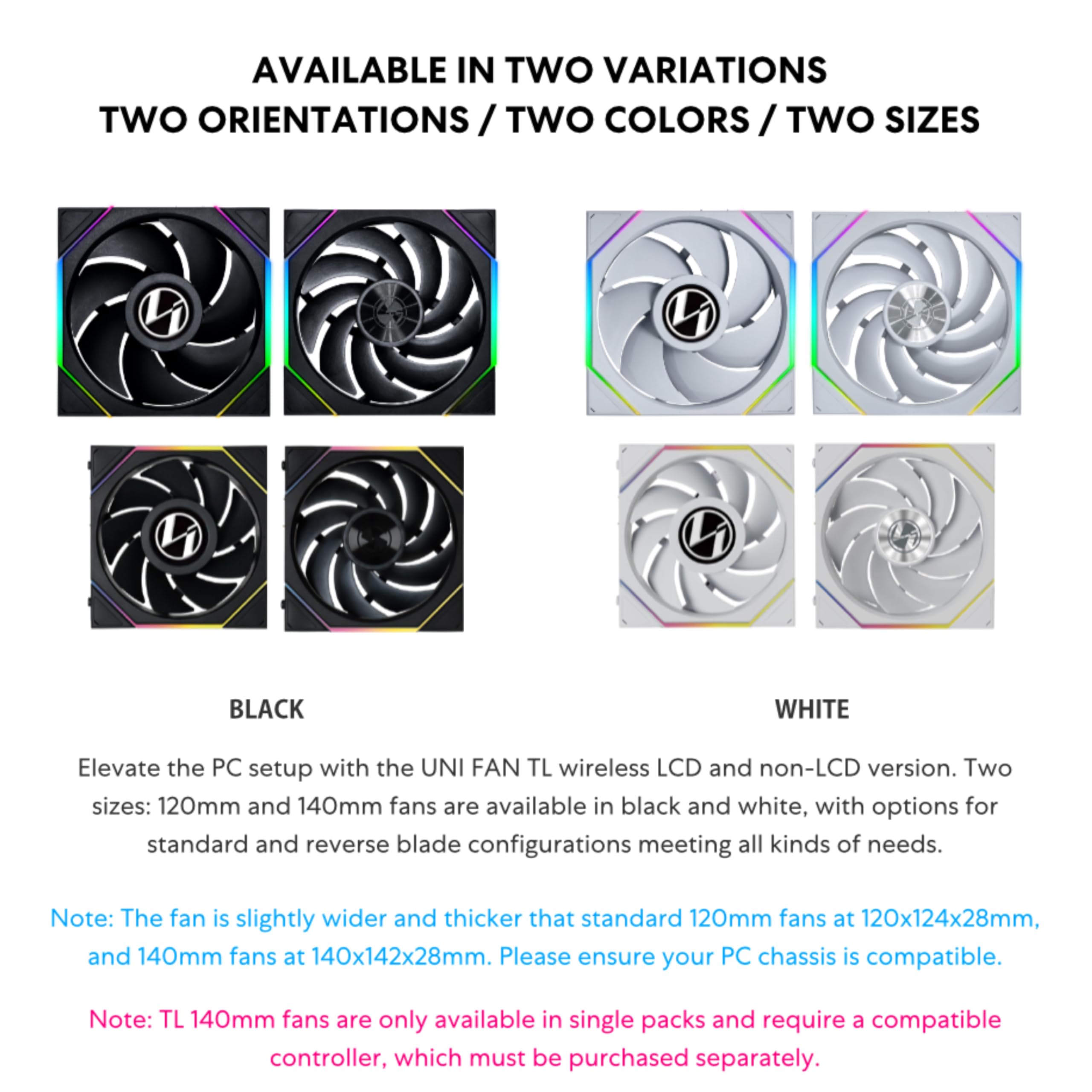 Lian Li UNI Fan TL Wireless 120-Triple Pack (Reverse Blade)-2.4 GHz Wireless Signal ARGB Fan-Infinity Mirror-Daisy-Chain Design-Customizable Lighting-Controller Included & Required - Black(12RTL1W3B) - Image 4